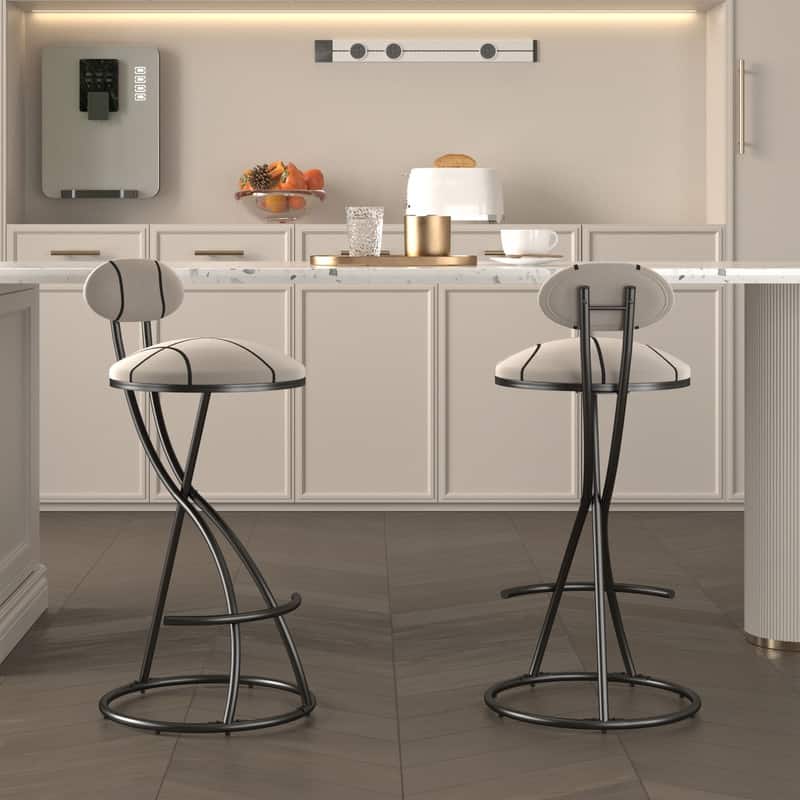 Round Bar Stools S-shaped Stripe Kitchen Stool Set of 2 Modern Velvet Upholstered Counter Chair for Dining Room