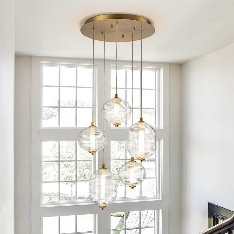 Glam Etched Ribbed Glass 5-Light Cluster LED Chandelier 16.3 in - Brass