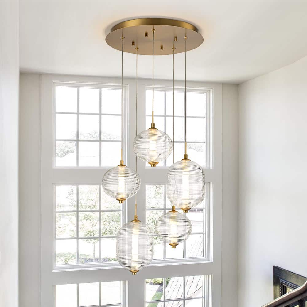 Glam Etched Ribbed Glass 5-Light Cluster LED Chandelier 16.3 in