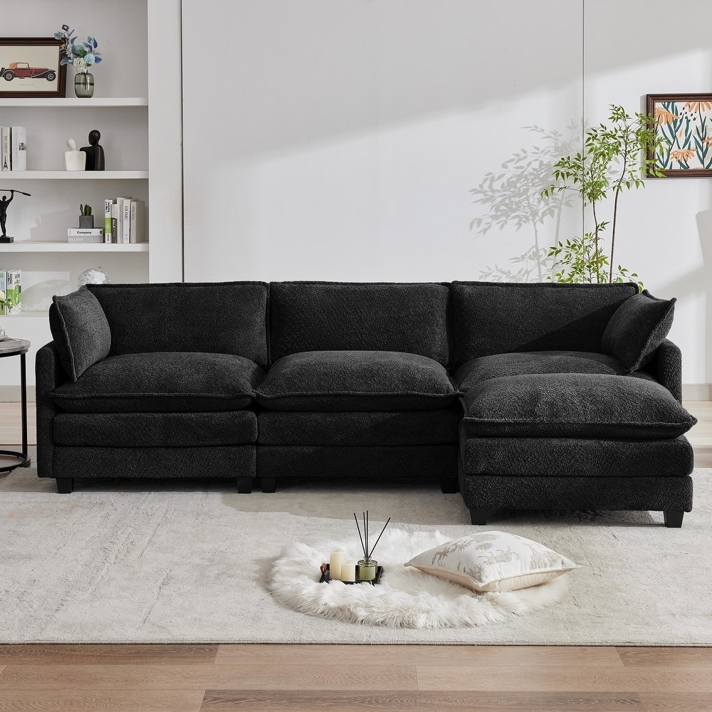 CLICKBIN Chenille Fabric Stragiht Arm L-Shaped Modular Sectional Sofa Couch with Ottoman for Living Room