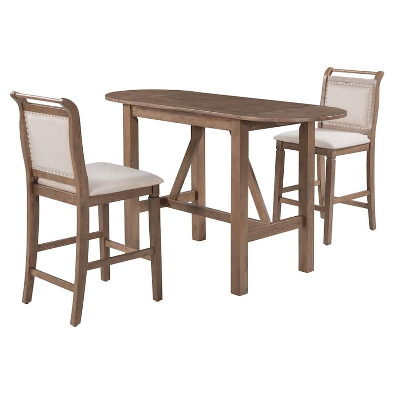 3-Piece Wood Counter Height Dining Table Set with 2 Upholstered Dining Chairs and Drop Leaf Dining Table for Kitchen