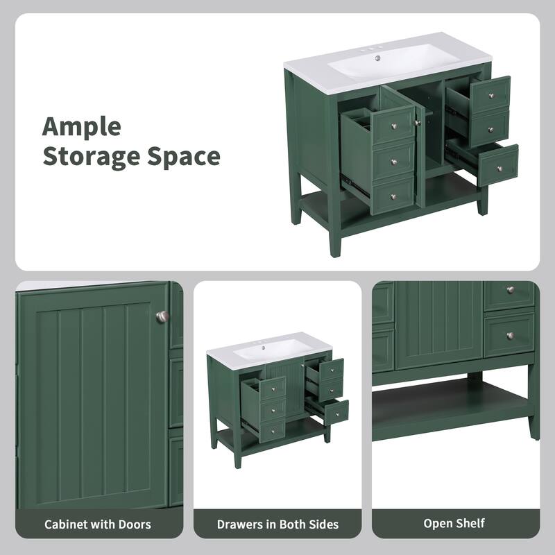 Modern 36" Freestanding Bathroom Vanity with Sink, Cabinet, Three Drawers, and Open Shelf