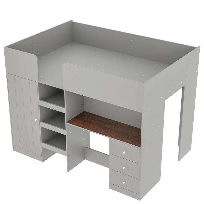 Loft Bed with Wardrobe, Desk, Shelves, 3 Drawers, Full Size