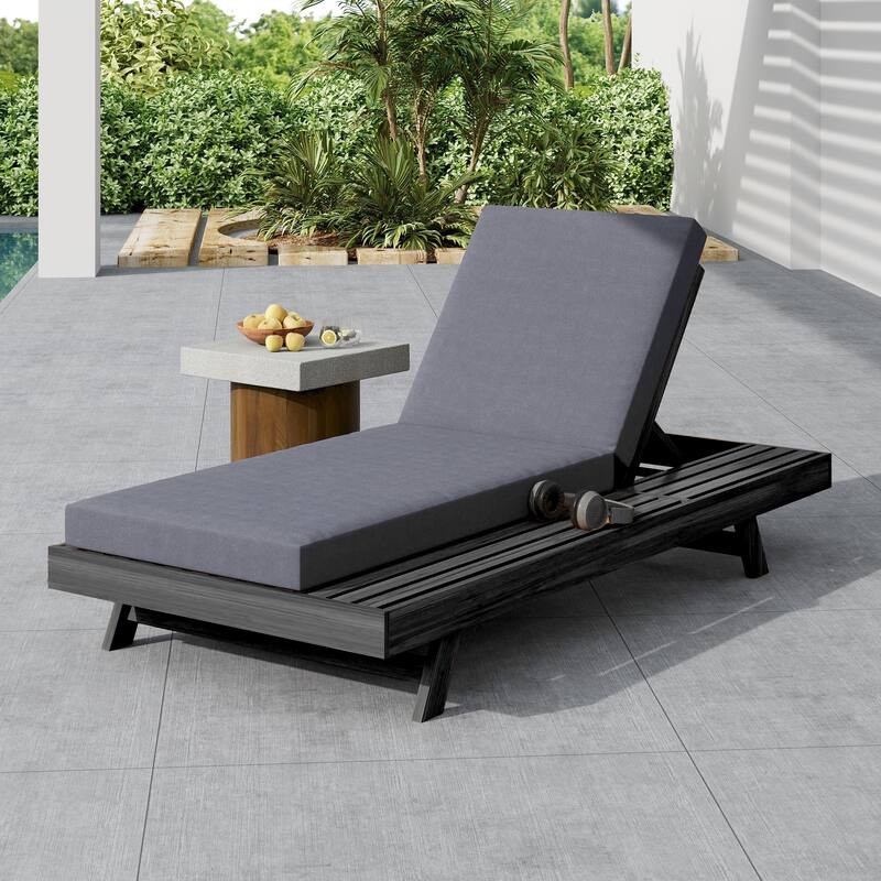 Outdoor Patio Acacia Wood Chaise Lounge Chair with Adjustable Backrest, Side Open Storage and Water-Repellent Cushions - 4" Dark Grey - 1pc Black