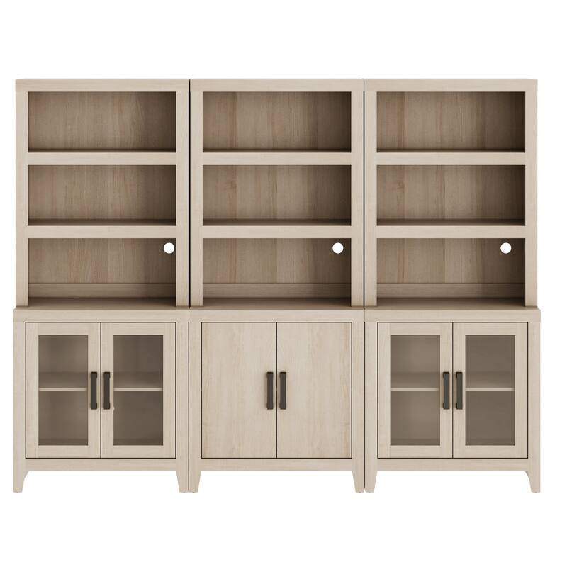 WAMPAT 74" Tall Bookshelf with Glass Doors, Farmhouse Bookcase with Open Shelves
