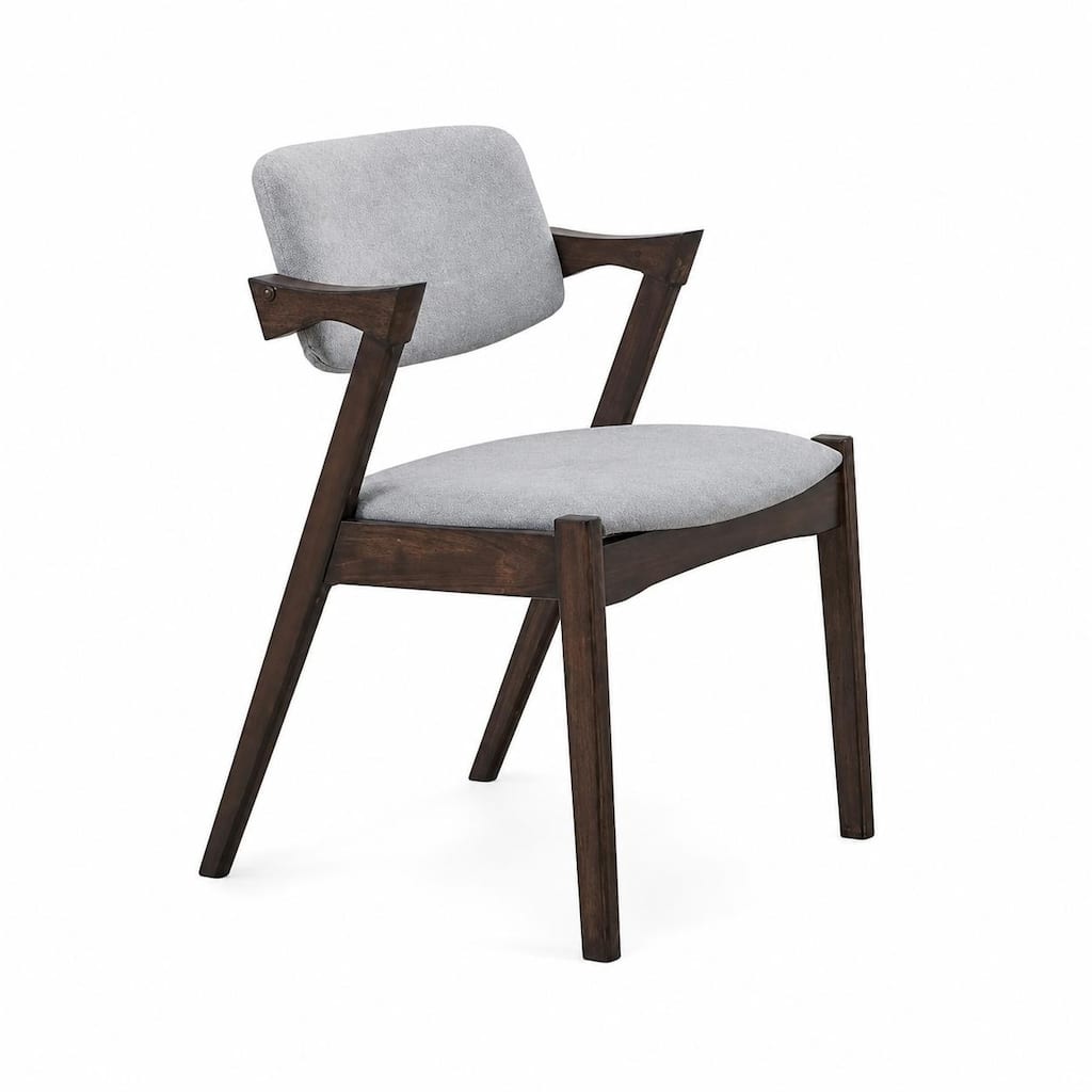 Set of 2 Mid Century Dining Arm Chairs Upholstered Gray Fabric Solid Rubber Wood Frame Open Back Modern Kitchen Chairs