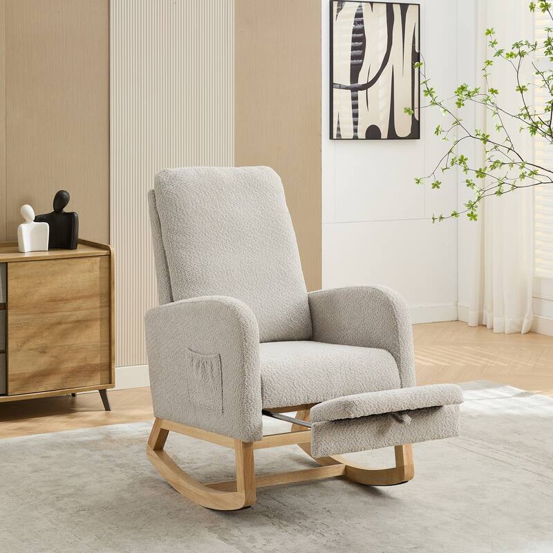 25.4"W Rocking Chair, High Back Glider Chair with Retractable Footrest, Side Pocket, Rocking Accent Armchair with Wood Legs