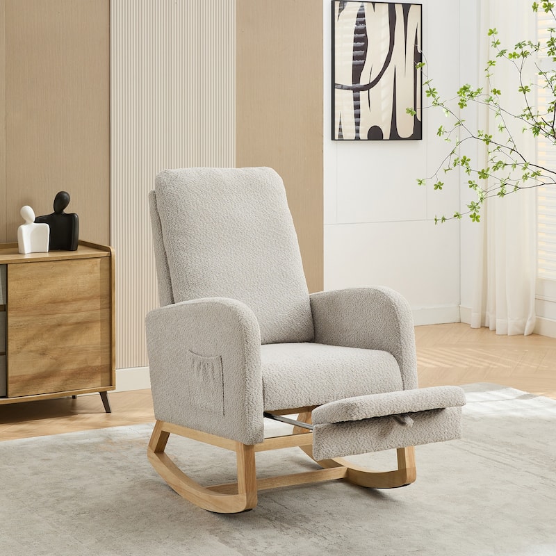 Light Gray Nursery Rocking Chair High Back Glider Chair Armchair with Retractable Footrest and Side Pocket