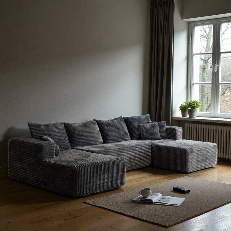 133.86" Cloud Modular U-Shaped Sectional Sofa with Ottoman, Deep-Seat Corded Fabric Couch for Living Room, No Assembly
