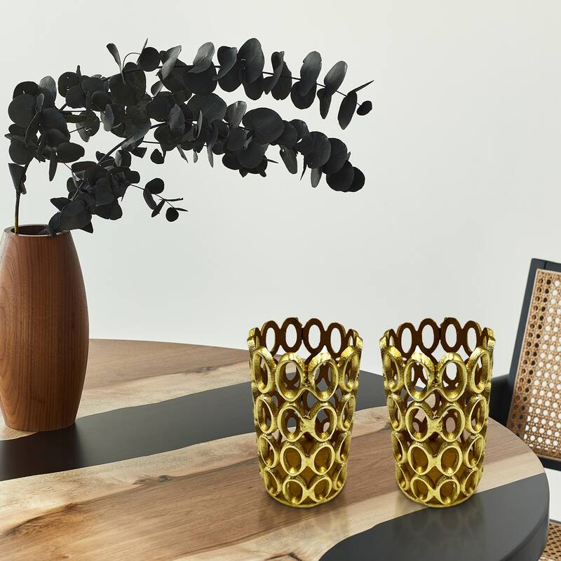 7 Inch Decorative Handmade Aluminum Modern Hollow-Craved Candle holder Set of 2 - 3.75 x 3.75 x 6.5 in