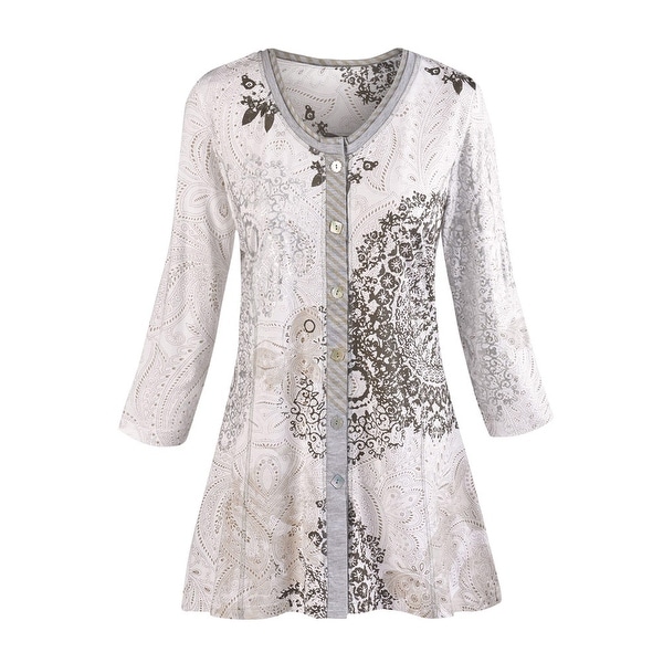 Women's Tunic Top - Mandala Gray Paisley Print Shirt