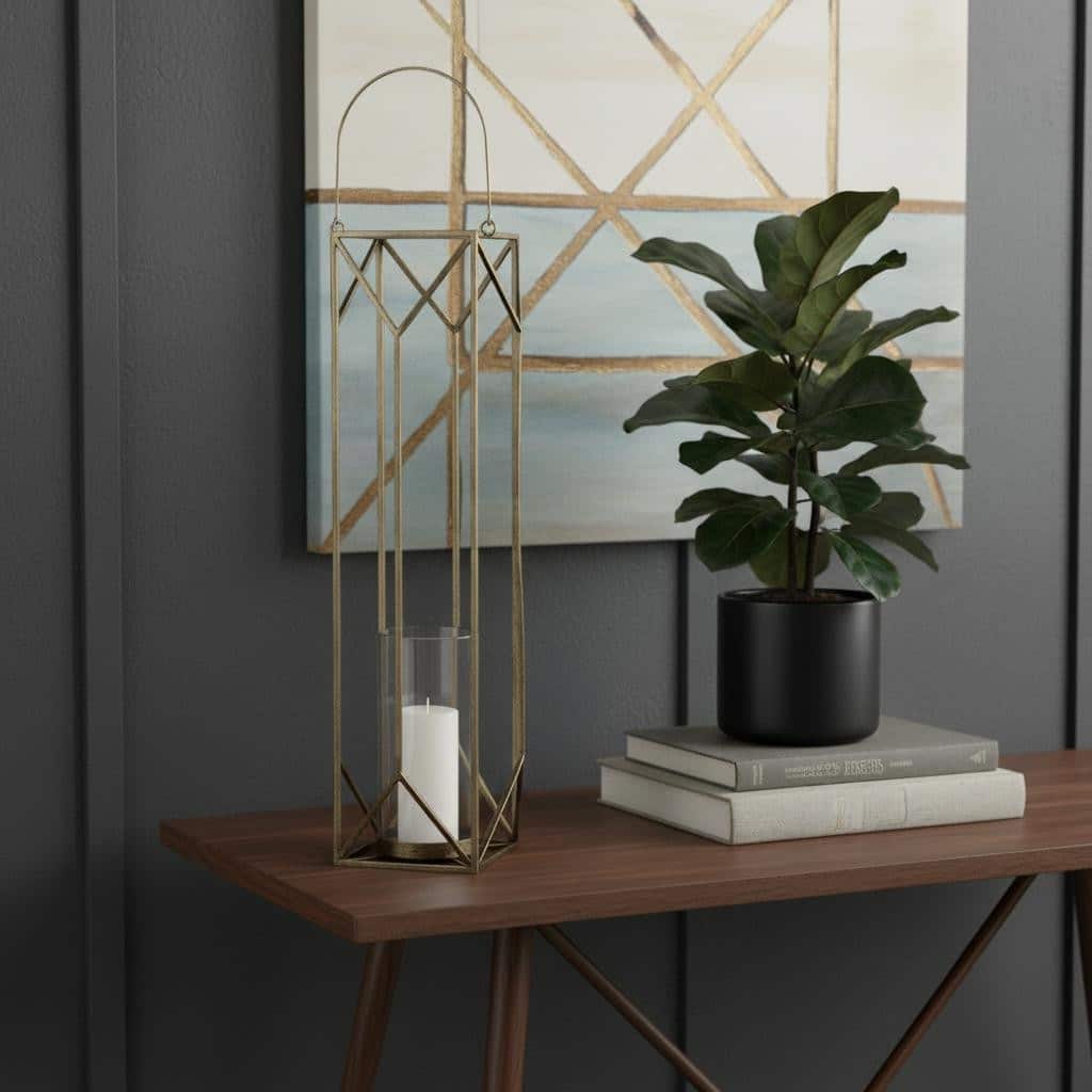 36" Gold Distressed Geometric Metal Tabletop Lantern Candle Holder