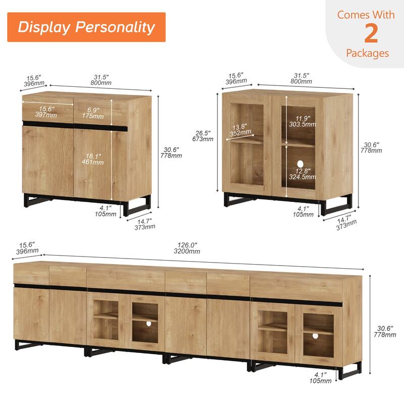 4 in 1 Modern Dresser with Glass Doors & 2 Drawers, featuring an adjustable shelf and metal base for organized storage