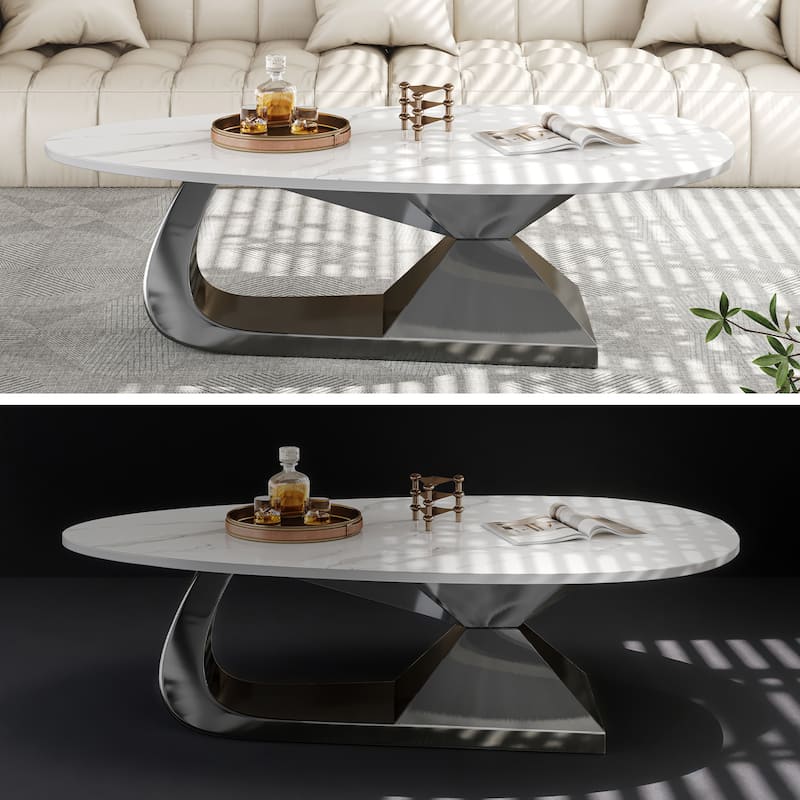 GDFStudio - Contemporary 51.2" Oval Sintered Stone Coffee Table with Sculptural Stainless Steel Base