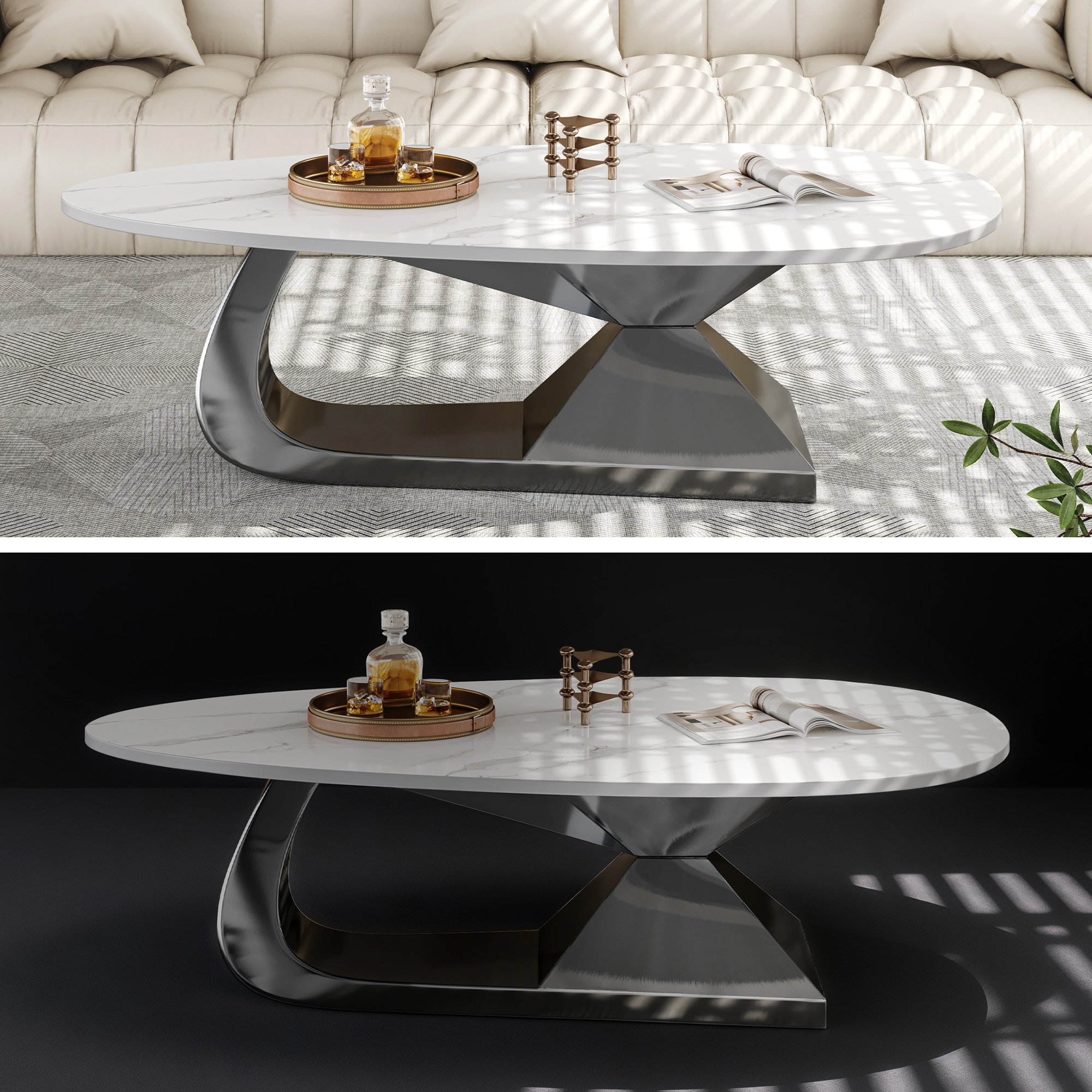 Sintered Stone and Stainless Steel Coffee Table with Elegant