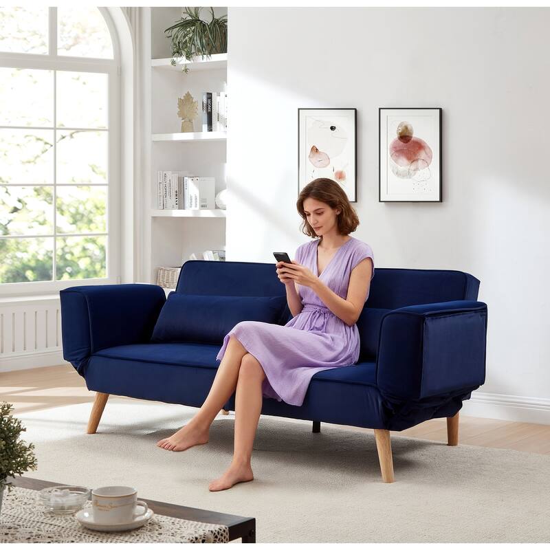 Futon Sleeper Sofa Bed Velvet Recliner Sofa Loveseat Couch with Adjustable Armrests, Splitback Recline and Pillows