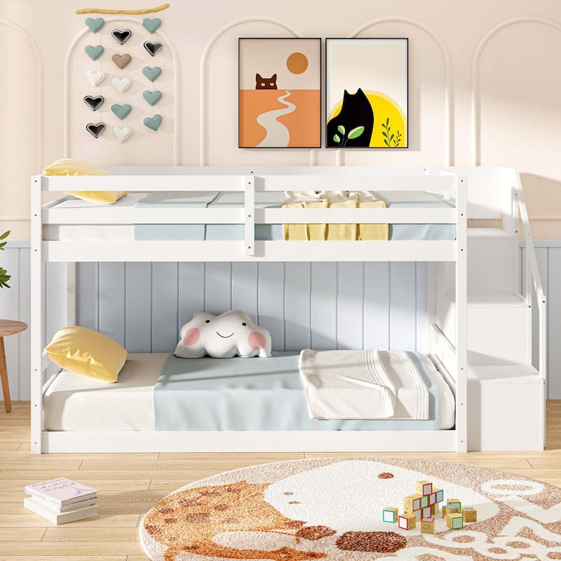 Costway Twin Over Twin Low Bunk Bed Solid Wood Floor Bunk Bed Frame