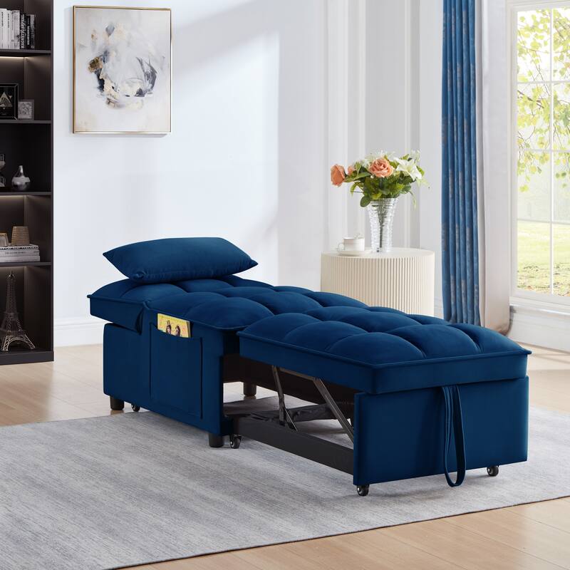 Velvet Convertible Chair Bed with Storage Pockets & Adjustable Chaise Back