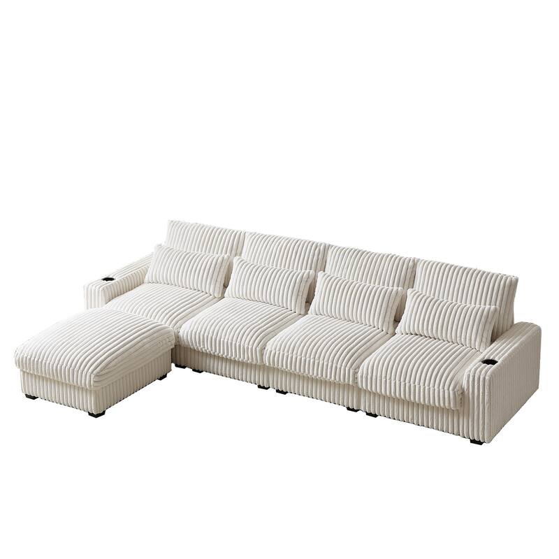 126" Corduroy L-Shaped Sectional Sofa with USB & Cup Holders