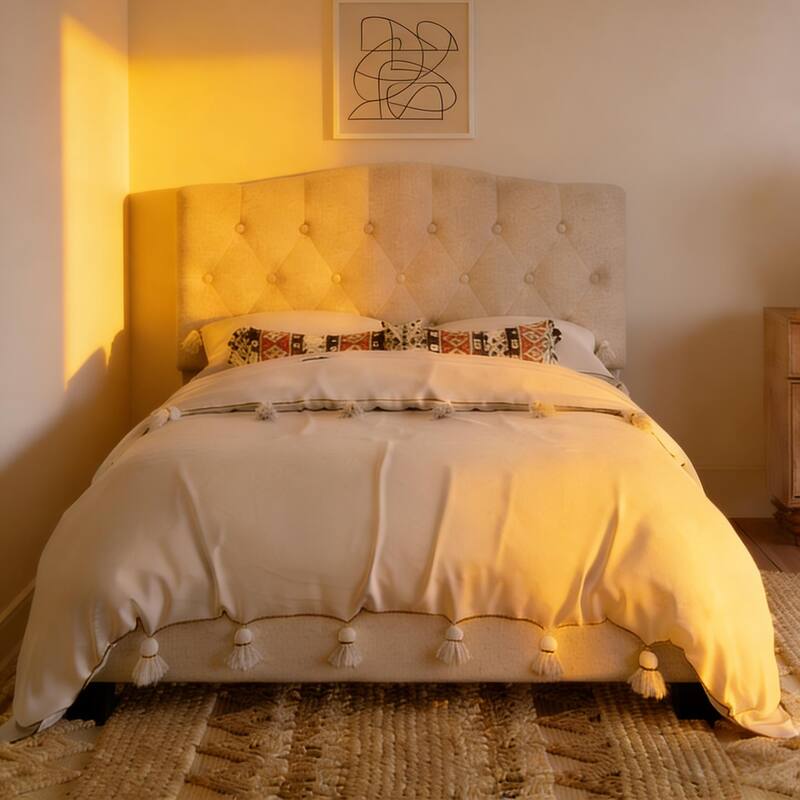 Linen Upholstered Platform Bed Frame with Saddle Curved Adjustable Headboard and Diamond Tufted Details - Full