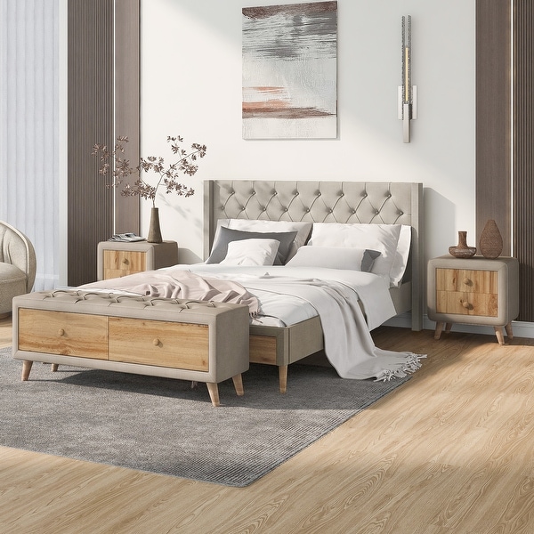 4 Pieces Bedroom Sets Queen Size Upholstered Platform Bed with Two