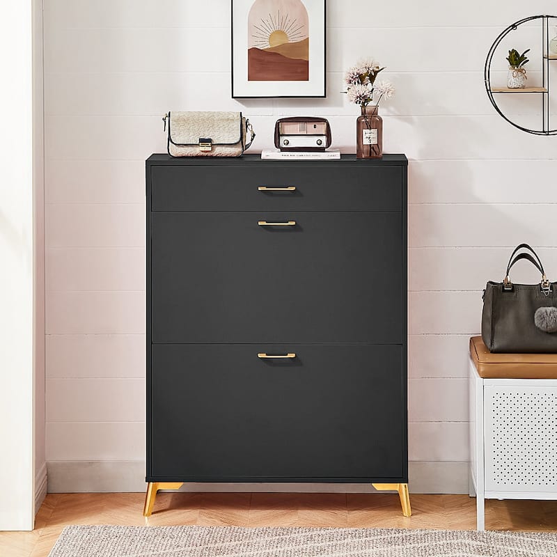 32 in.W 3-Tier MDF Shoe Storage Cabinet with Flip-Top Drawers - Black