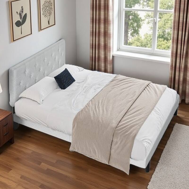 Queen Size Upholstered Platform Bed with Tufted Linen Headboard, Wood Slat Support, Tool-Free Assembly, No Box Spring Required - Twin Light Gray - Twin