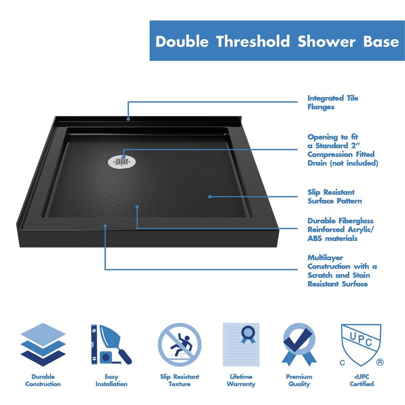 DreamLine SlimLine 42 in. D x 42 in. W x 2 3/4 in. H Double Threshold Shower Base - 42" x 42"