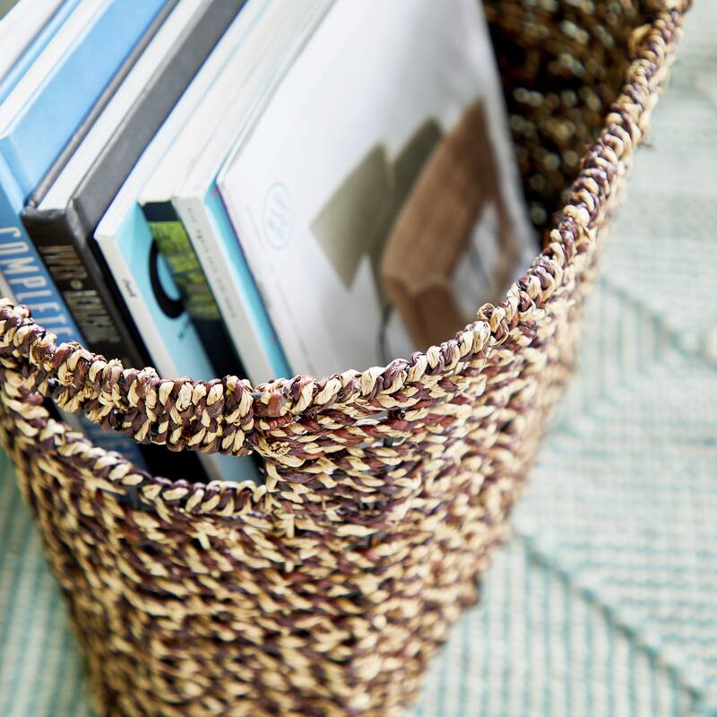 Brown Seagrass Handmade Woven Single Slot Magazine Holder with Light Brown Accents