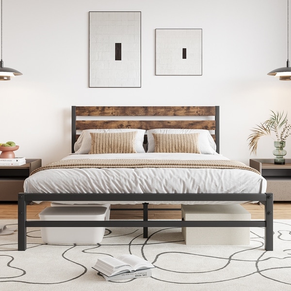 Rustic Vintage Brown Queen Size Metal Platform Bed Frame with