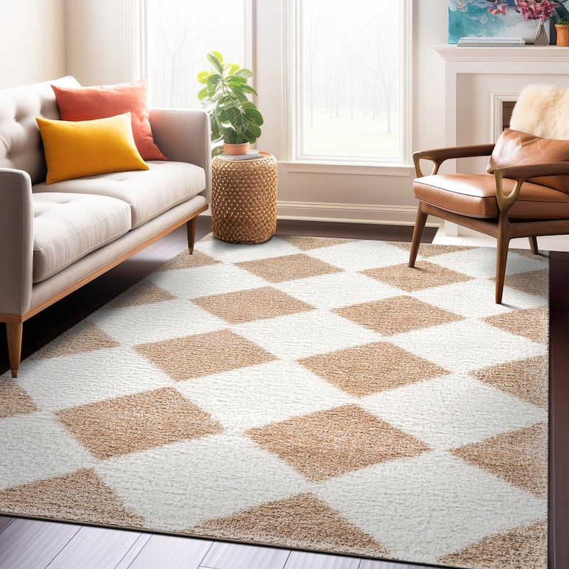 Diamond Wave Shag Rug - Cozy Feel for Living Room, Bedroom, or Entryway - Anthracite Dark Gray - Medium Pile - Beige - 5' x 7'