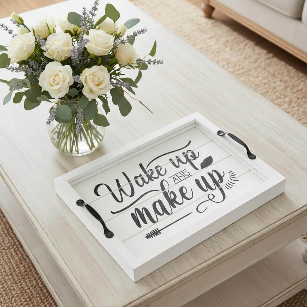 HomeRoots 16" White And Black Wake Up and make up Serving Tray With Handles And LED Lights - 15.50 in. x 2.25 in. x 12.00 in.