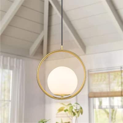 1-Light Modern Gold Frosted Opal Glass Globe Bubble Pendant Kitchen Island Lighting - 9.84 in. W x 90 in. H