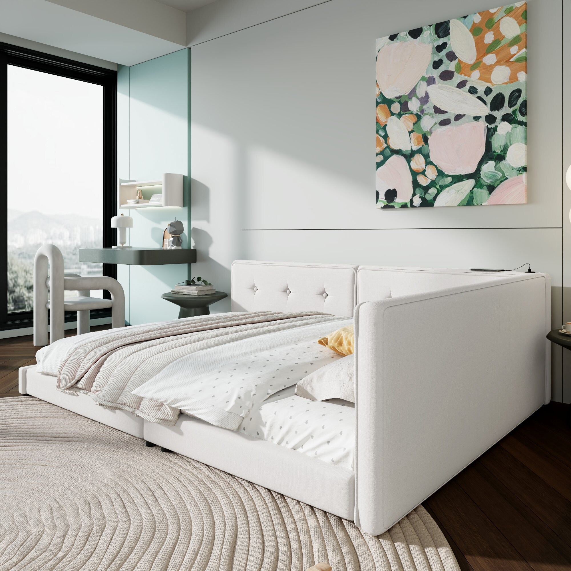 Full Size Modern Upholstered Platform Bed With USB Ports,Sturdy Frame,No Box Spring Required