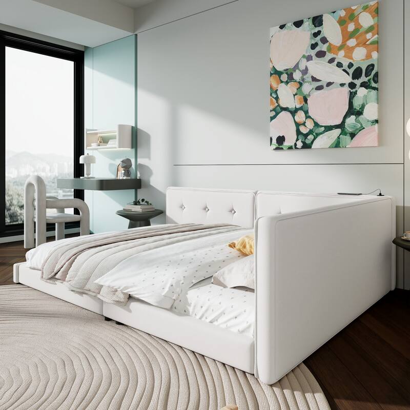 Upholstered Daybed Low Profile Bed Frame with USB Charging Station, Tufting L-shaped Backrest and Wood Slat Support Linen Fabric