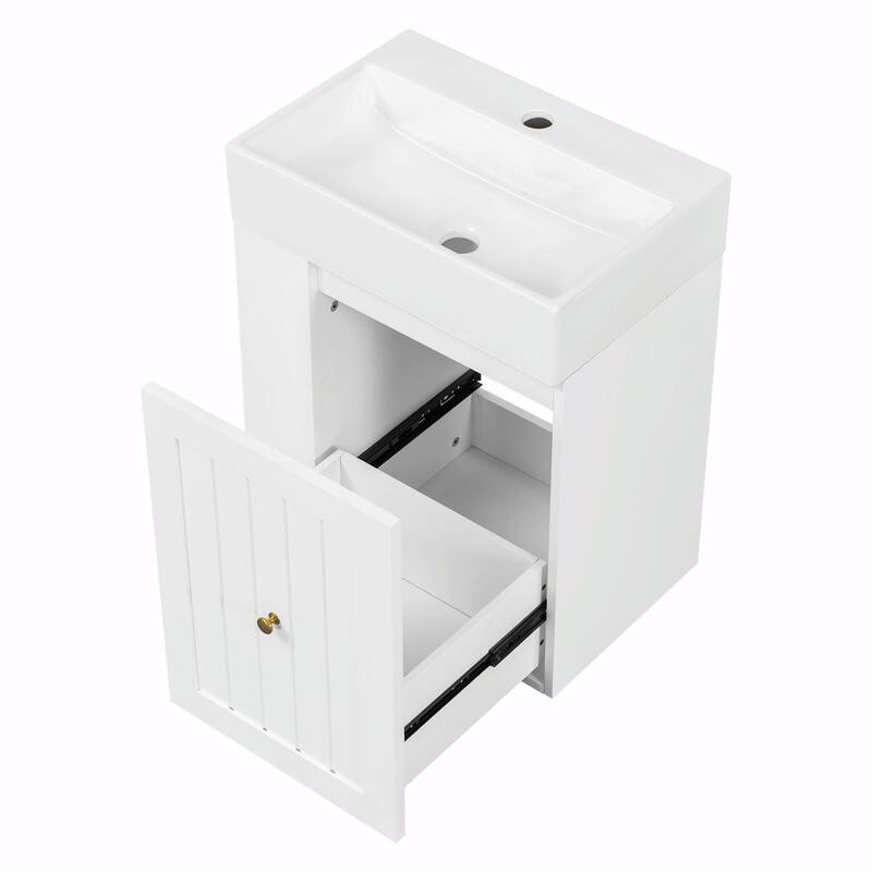 20-Inch Bathroom Vanity with Ceramic Sink - MDF Storage Cabinet with Drawer, Side Shelf and Silver Handle