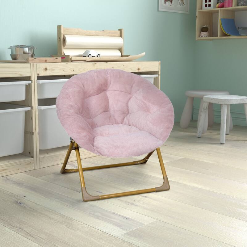 Kids Folding Synthetic Fur Saucer Chair for Playroom or Bedroom - 12.25"D x 22.75"W x 22"H - Blush/Soft Gold