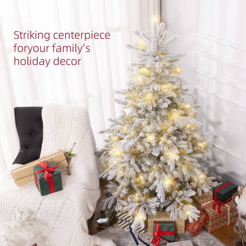 5FT Prelit Snow Flocked Artificial Hinged Christmas Tree with Warm White LED Light & Metal Base