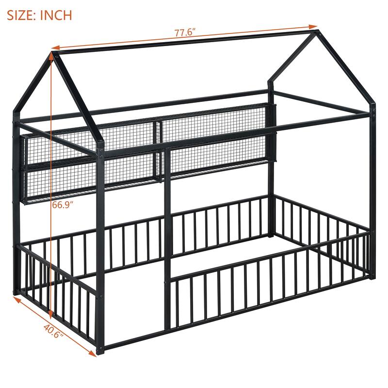 Full Size Metal House Bed Frame with Built-In Grid Shelves, Playful Canopy Design and Space-Saving Storage