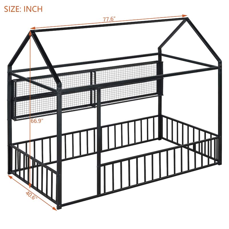 Twin Size Metal House Platform Bed Frame with Storage Shelves,Fence and Shelves