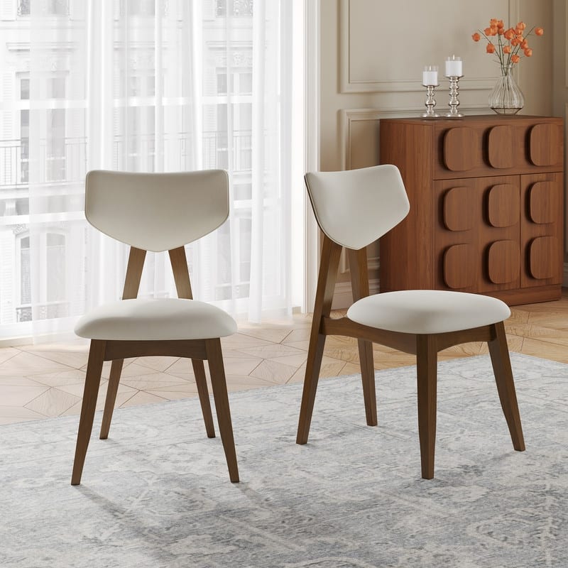 Modern Beige Faux Leather Dining Chairs with Solid Wood Legs, No Assembly Required