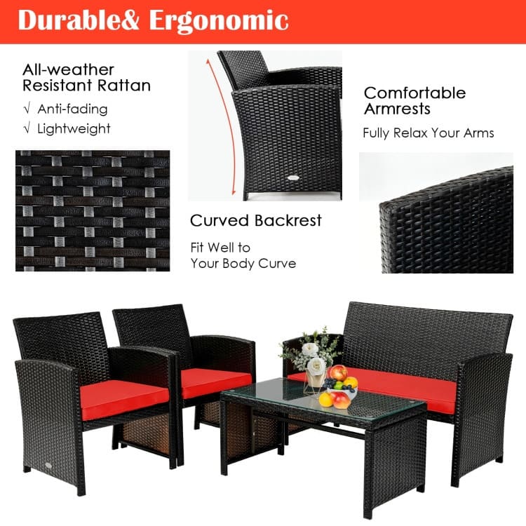 4Pcs Patio Rattan Cushioned Furniture Set - 43.5" x 25" x 31" (L x W x H)