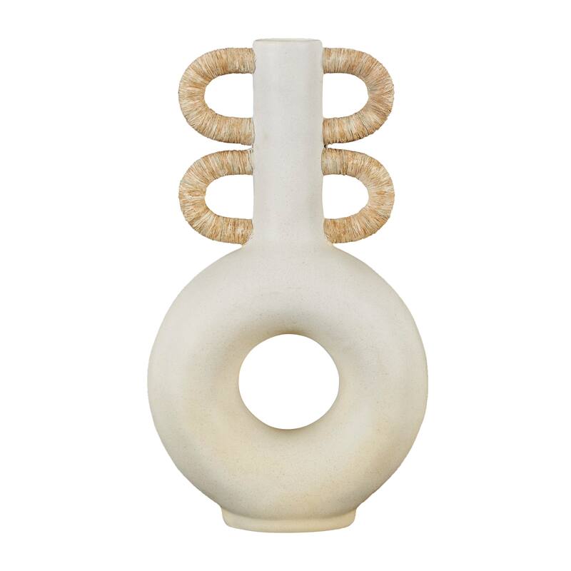 Cream Resin Round Speckled Vase with Woven Inspired Arched Handles and Cutout Opening