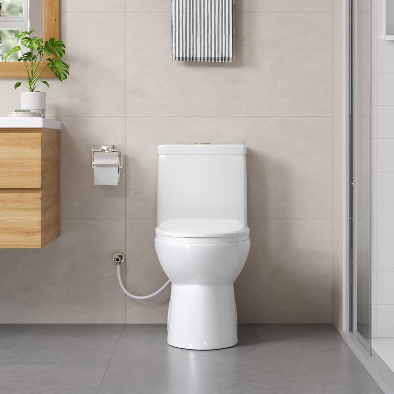 HOROW 1 Piece Dual Flush Elongated Toilet White 0.8 1.28 GPF Seat Included Brushed Gold Button