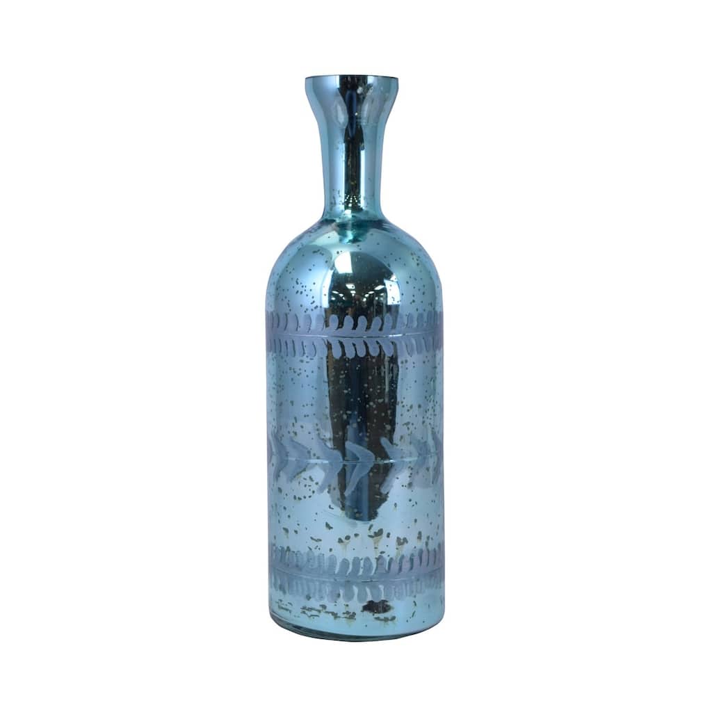 12.5" Glass Turq. Mettalic Bottle Vase - Blue
