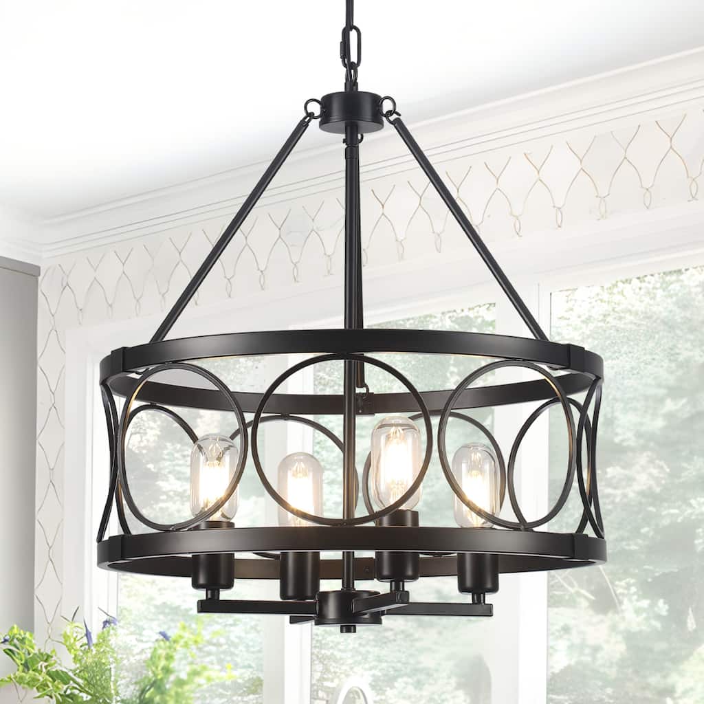 Rustic 4-Light Drum Chandelier with Metal Frame for Dining, Foyer