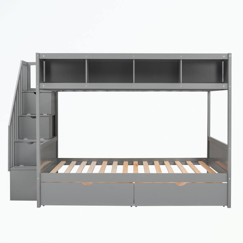 Twin over Full Bunk Bed with Shelfs, Storage Staircase and 2 Drawers