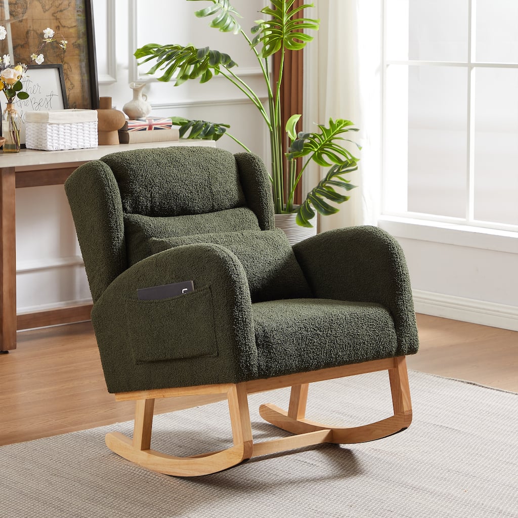Modern Accent High Backrest Living Room Lounge Arm Rocking Chair, Two Side Pocket