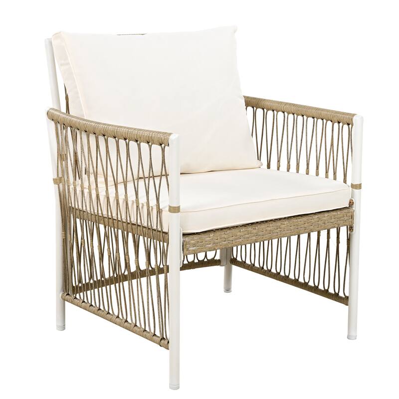 Roomfitters 5-Piece Patio Dining Table Set, Modern Outdoor Furniture with 4 Rope Armchairs and Cushions, Natural