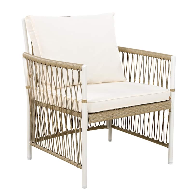 Roomfitters 7-Piece Patio Dining Set, Rectangular Outdoor Table with 6 White Rope Weave Armchairs & Cushions, Natural